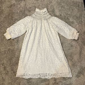High Neck White Button Down 3/4 Sleeve Lace Short Dress